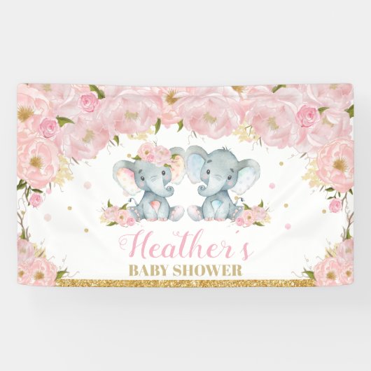 Blozende bloemendubbeltjes olifant babyshower acht spandoek (Horizontaal)