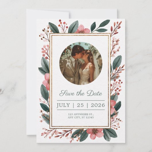 Blozende Bloemenframe Sla de Datum Kladuitnodiging Save The Date (Voorkant)