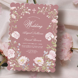 Blozende bloemenkader op stoffige roze religieuze kaart