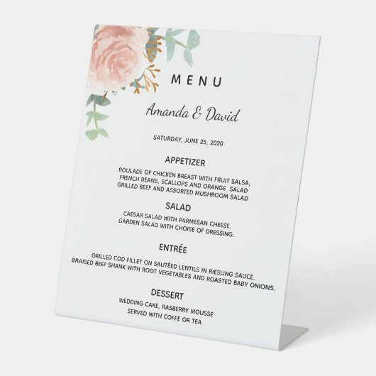 Blozende bloemige eucalyptus groen dinner menu reclamebord met voetstuk (Voorkant)