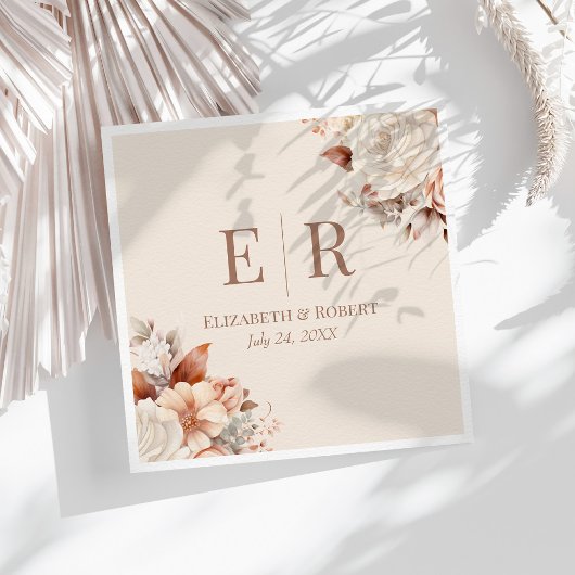 Blozende Bloemige Mocca Mousse Monogram Trouwfeest Servet