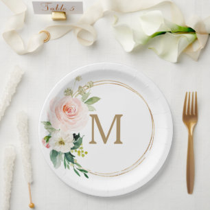 Blozende bloemige monogram bruiloftsborrel papiere papieren bordje