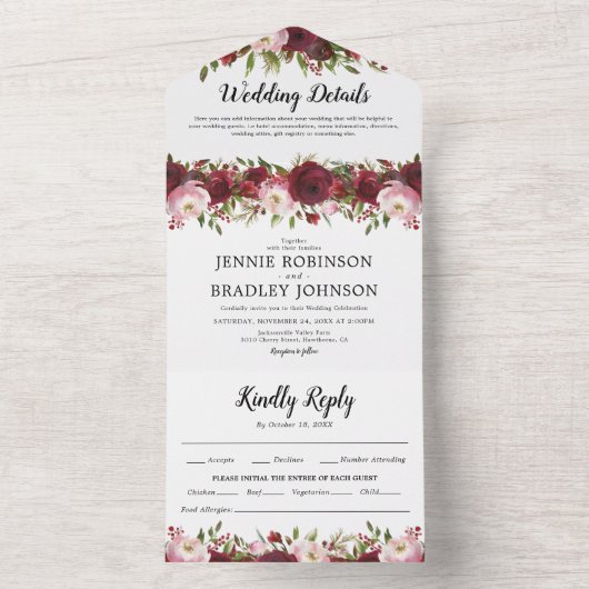 Blozende bordeauxrode bloem bruiloft all in one uitnodiging (Binnen)