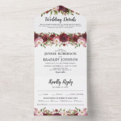 Blozende bordeauxrode bloemenhuwelijk all in one uitnodiging (Binnen)