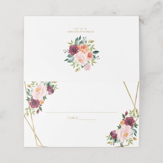 Blozende bordeauxroze waterverf bruidsdouche plaatskaartje (Buitenkant ongevouwen)