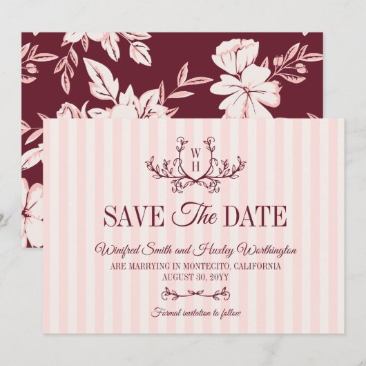 Blozende Bourgogne Groene Monogram Trouw Save The Date (Voorkant / Achterkant)