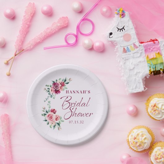 Blozende Burgundy Bloemencake Bruiloftsontbijt Papieren Bordje (Feest)