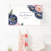 Blozende en marineblauwe pioen bruiloftsdouche spandoek (Insitu)