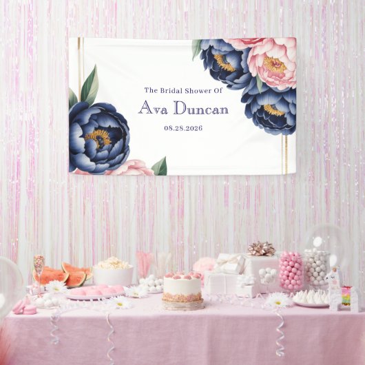 Blozende en marineblauwe pioen bruiloftsdouche spandoek (Feest)