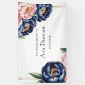 Blozende en marineblauwe pioen bruiloftsdouche spandoek (Verticaal)