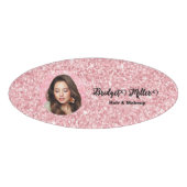 Blozende glitterscapsalon elegante script foto naambadge (Voorkant)