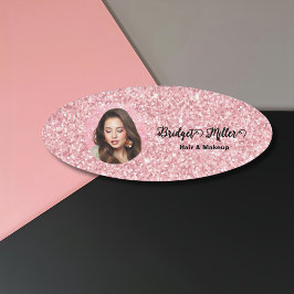 Blozende glitterscapsalon elegante script foto naambadge