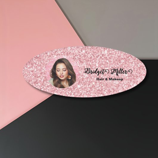 Blozende glitterscapsalon elegante script foto naambadge