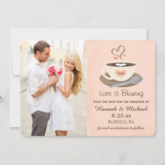 Blozende koffiekop Monogram Hart Save the Date (Voorkant)