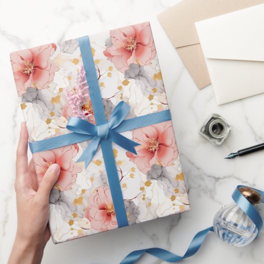 Blozende Koraal Grijs Bloemige Bruiloft Cadeaupapier (Geschenken)