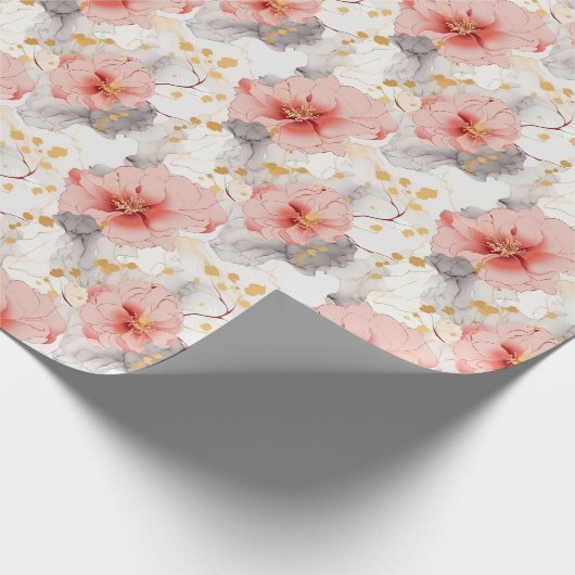 Blozende Koraal Grijs Bloemige Trouw Cadeaupapier (Hoek)