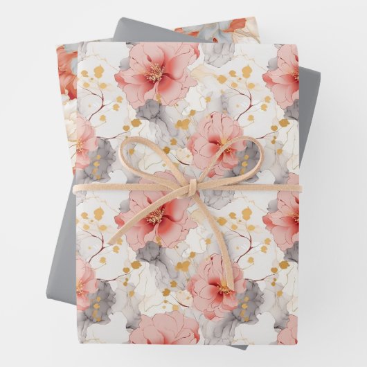 Blozende Koraalgrijze Bloemige Liefde Bruiloft Inpakpapier Vel (In situ)