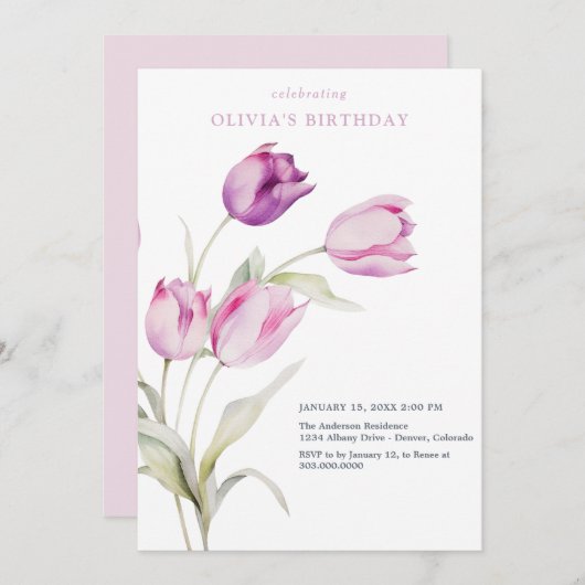 Blozende lila paarse bloemige waterverf tulpen kaart (Voorkant / Achterkant)