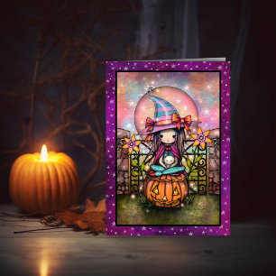 Blozende Maan Schattige Heks en Kat Halloween Kuns Kaart