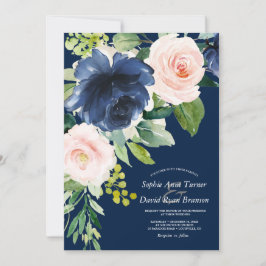Blozende marineblauwe waterverf bloemen gouden bru kaart