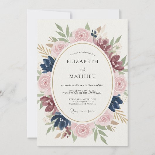 Blozende Navy Bruiloftsbloemen Kaart (Voorkant)