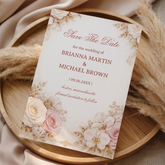 Blozende neutrale bloemrijke elegantie save the date