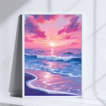 Blozende Oceaan Zonsondergang Golven Aquarel Kunst