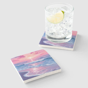 Blozende Oceaan Zonsondergang Golven Waterverf Stenen Onderzetter