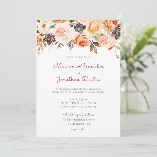 Blozende Perzik Bloemige Rustieke Bruiloft Kaart (Staand voorkant)