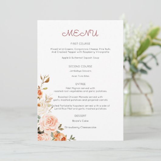 Blozende & Perzik Bloemstuk Hoofdgerecht Menu Kaart (Staand voorkant)