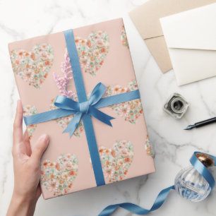 Blozende Perzik Oranje Bloemige Harten Verjaardag Cadeaupapier