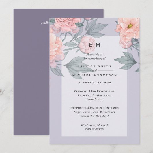 Blozende Perzik PIJLEN Blauwe Trouw Uitnodiging On (Voorkant / Achterkant)