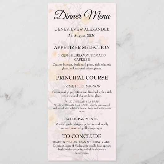 Blozende Perzik Wilde Bloemen Botanische Trouwmenu Menu (Voorkant)