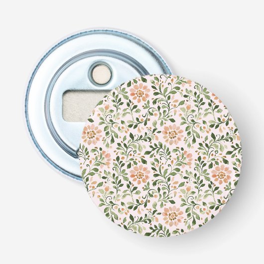 Blozende perzikbloemen groene bladeren button flesopener (Voorkant)