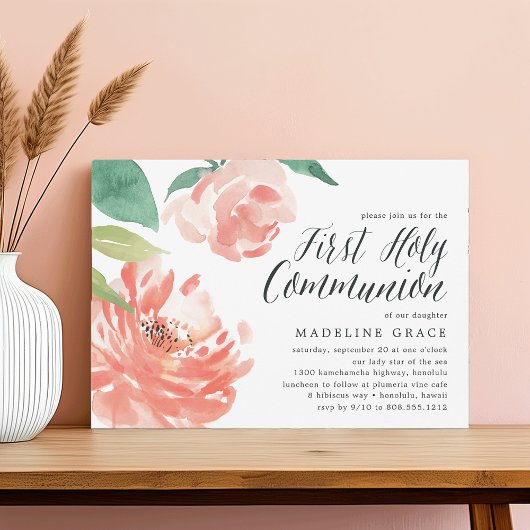 blozende pioen | Eerste Heilige Communie uitnodigi Kaart