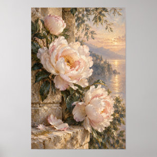 Blozende Pioen Meerzijde Zonsondergang Fijne Kunst Poster