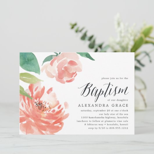 blozende pioen | uitnodiging tot doop (Staand voorkant)