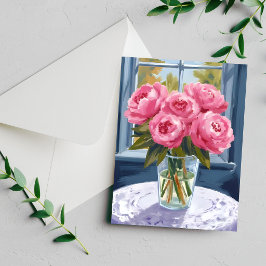 Blozende Pioenboeket | Roze Bloem Schilderij Kaart