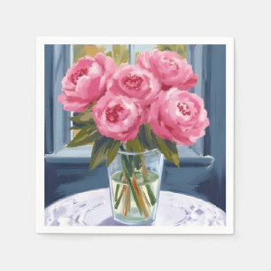 Blozende Pioenboeket Roze Bloem Schilderij Servet