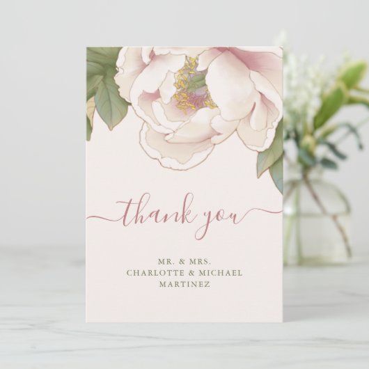 Blozende Pioenroos Bloemige Trouw Dankkaart Bedankkaart (Staand voorkant)