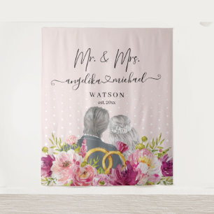 Blozende Pioenrozen Trendy Script Mijnheer en Mevr Wandkleed