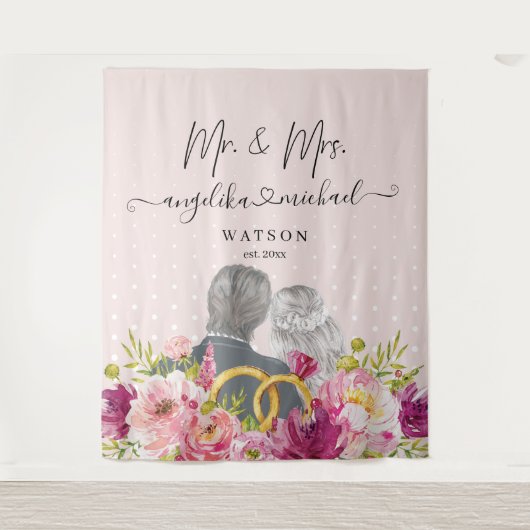 Blozende Pioenrozen Trendy Script Mijnheer en Mevr Wandkleed (Voorkant)