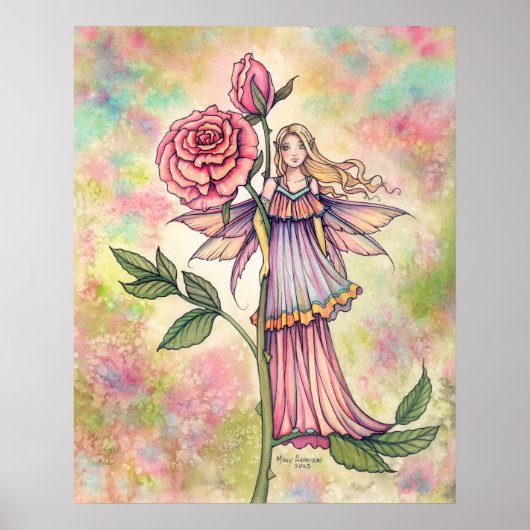 Blozende Roos Fee met Roze Rozen Kunst Poster (Voorkant)
