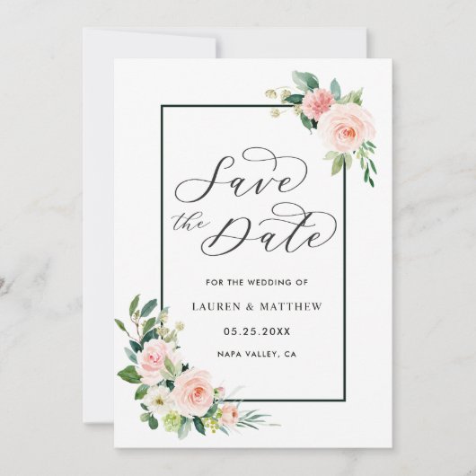 Blozende Roze Aquarel Bloem Huwelijk Sla de Datum Save The Date (Voorkant)