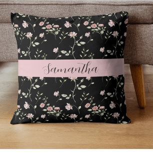 Blozende Roze Aquarel Bloem Naam Zwart  Kussen