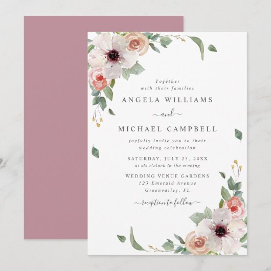 Blozende Roze Aquarel Bloemen Botanische Bruiloft Kaart (Voorkant / Achterkant)