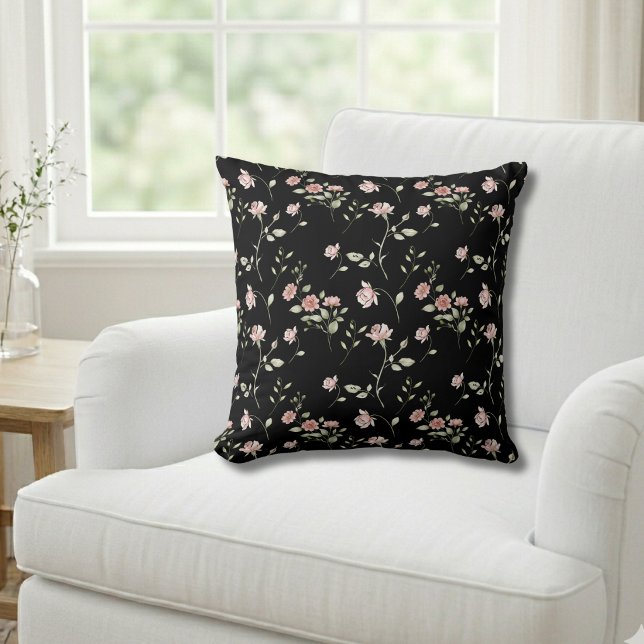Blozende Roze Aquarel Bloemendecor Zwart  Kussen (Creator heeft geüpload)