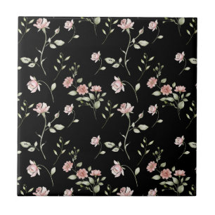 Blozende Roze Aquarel Bloemendecor Zwart Tegeltje