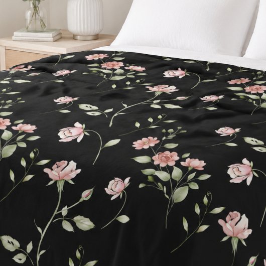 Blozende Roze Aquarel Bloemendek Zwart Fleece Deken