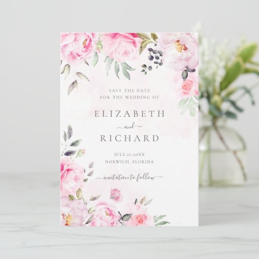 Blozende Roze Aquarel Bloemige Groene Huwelijk Save The Date (Staand voorkant)